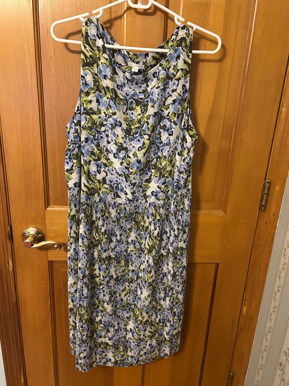 Sleeveless Blue Floral Pleated Midi Dress - Blue/Green L